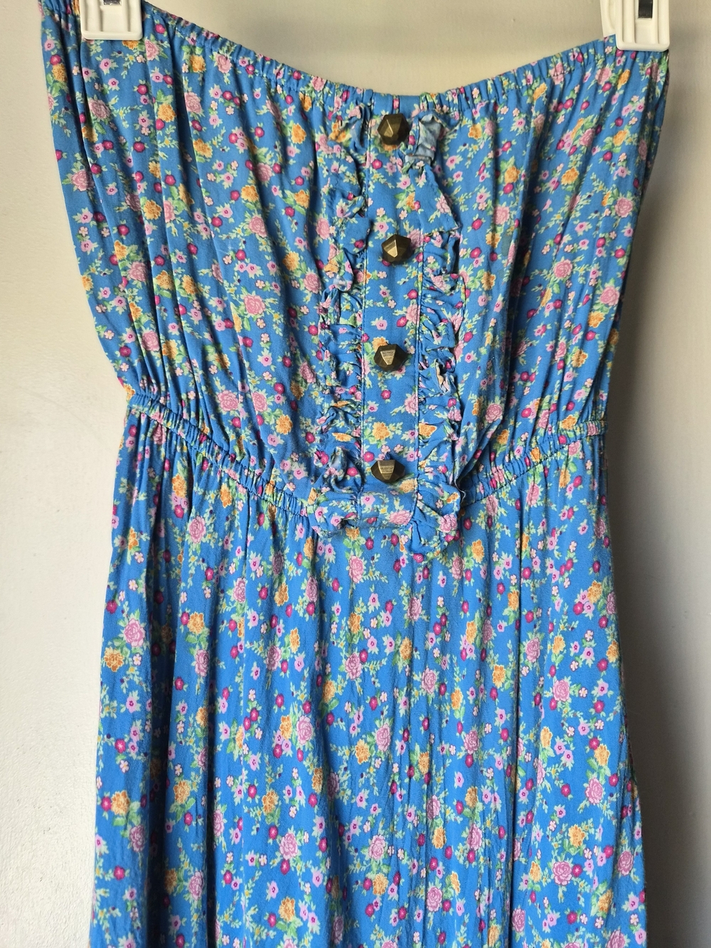 Cute Blue Floral Strapless Ruffle Button Dress
